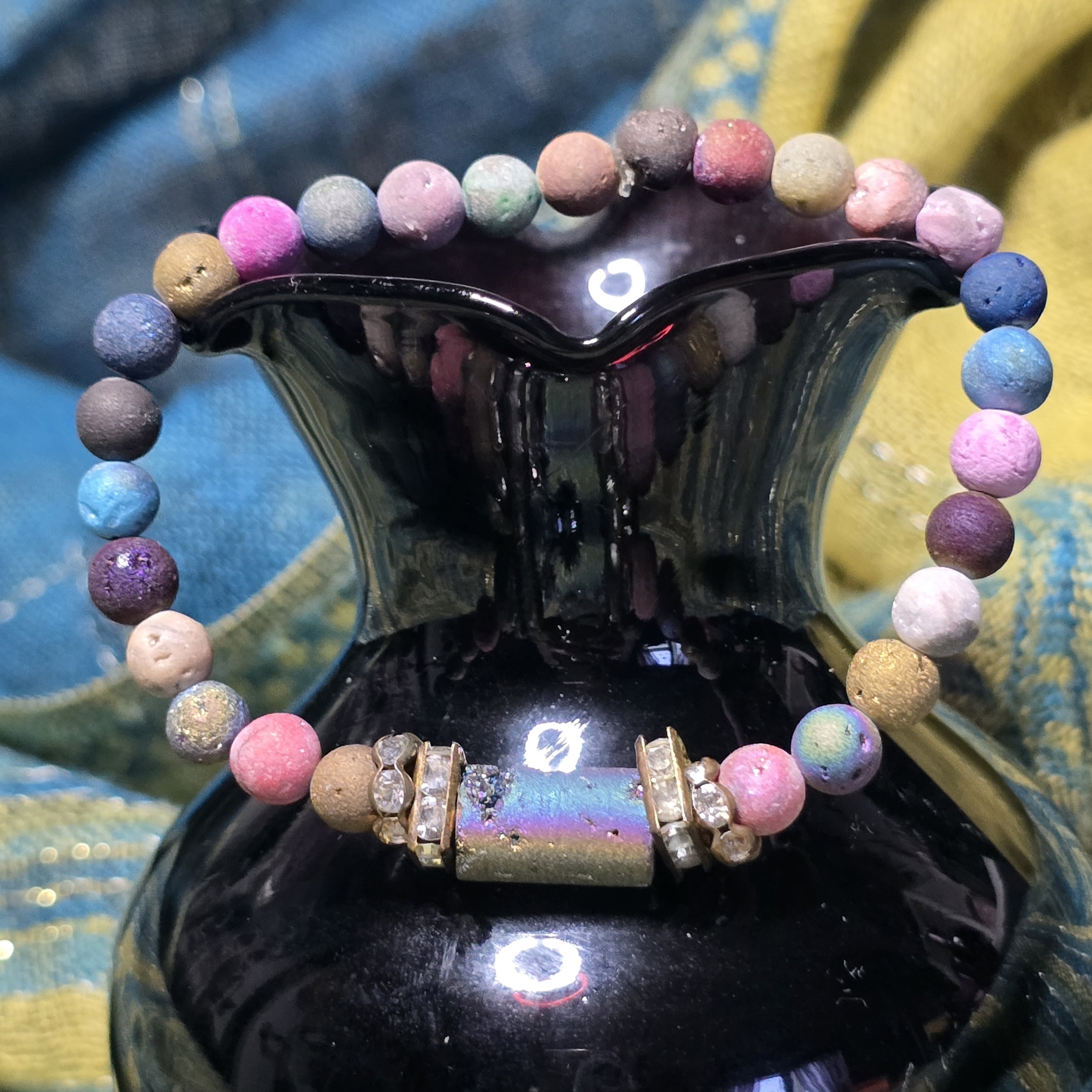 Rainbow Matte Beaded Stretch Bracelet With Iridescent Center
